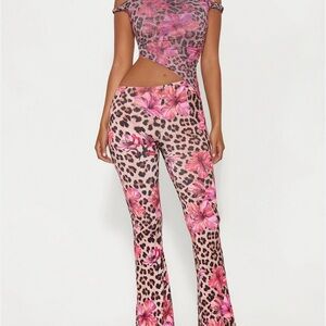 Fashion Nova Pink Floral Leopard Jumpsuit